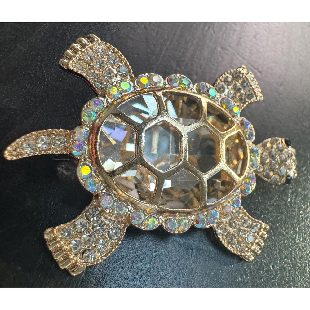 Vintage Champagne Elegant Turtle Crystal Rhinestone Brooch Pin B20